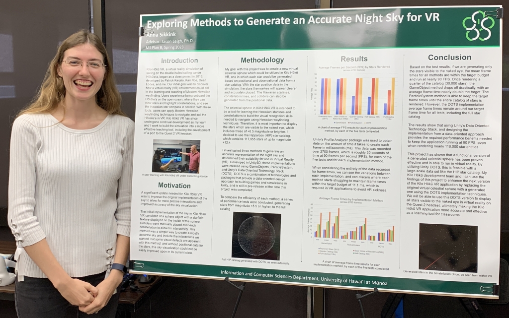 Anna Sikkink standing next to her poster presentation of "Exploring Methods to Generate an Accurate Night Sky for VR"